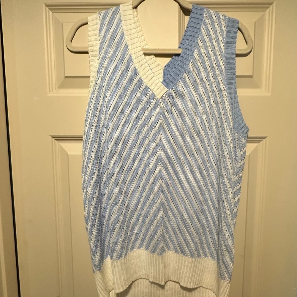 Sleeveless Light Blue and White Knit V-Neck Sweater Vest